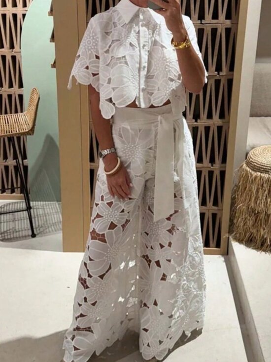 Tops - White Casual Women's Floral Lace Set with Cape-Sleeve Top & Wide-Leg Pants